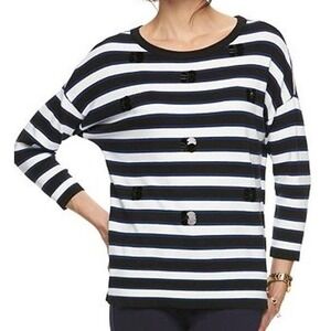 Elle $68 Medium Black Blue White‎ Striped Sequin Bead Embellished Knit Sweater